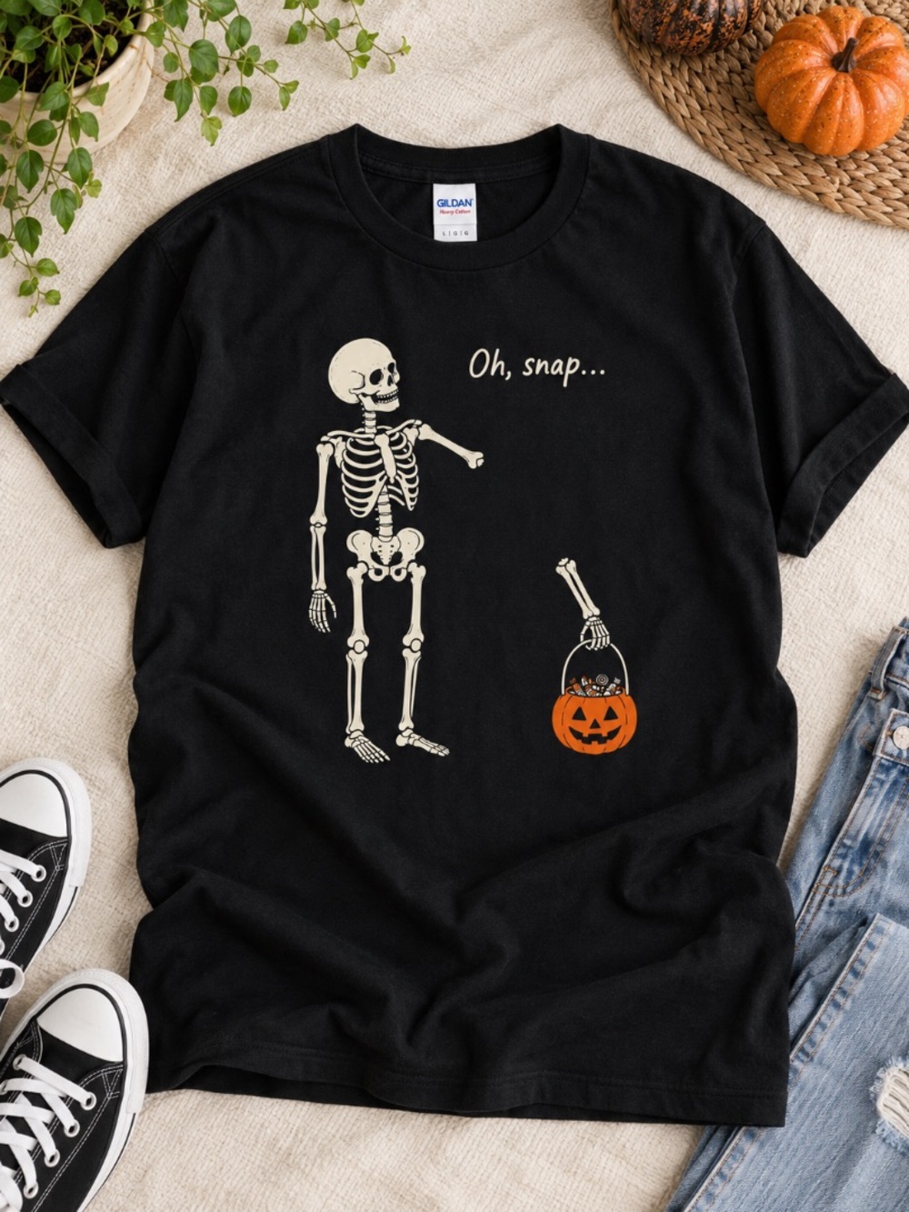 Oh Snap Skeleton Halloween Shirt Pumpkin Candy Broken Arm Gildan Black Tee